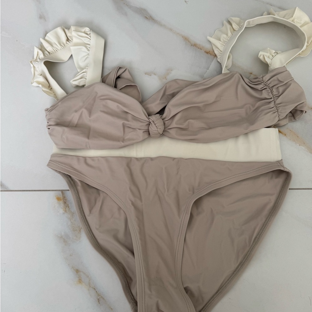 MooRoo Taupe and Ivory Two Piece Bathing Suit